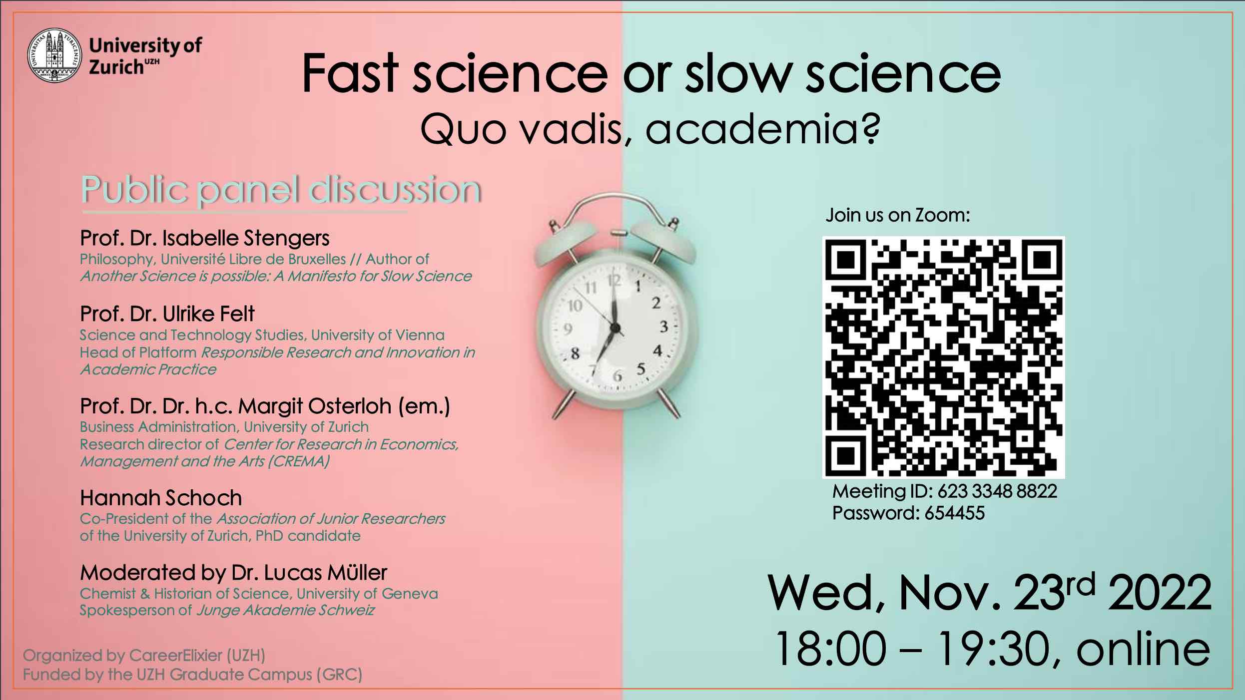Flyer Einladung Panel discussion Fast science or slow science am 23.11.22, mit QR Code zur Zoom-Sitzung